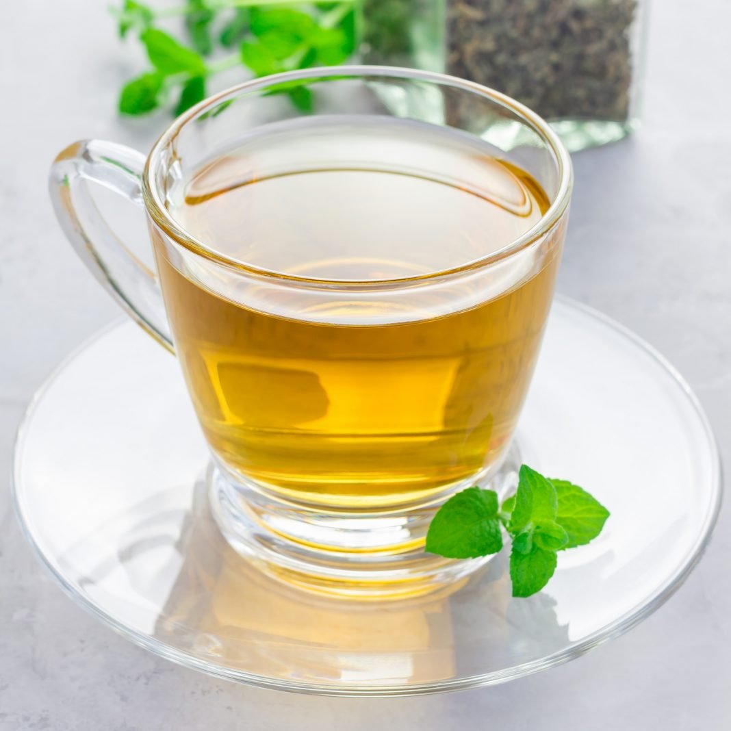 Herbal mint tea in glass cup with fresh peppermint on background, square format