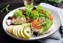 L-Tyrosine – can it help with deppression and anxiety? Healthy breakfast. Sandwiches with cream cheese, salmon, avocado and slice pear.